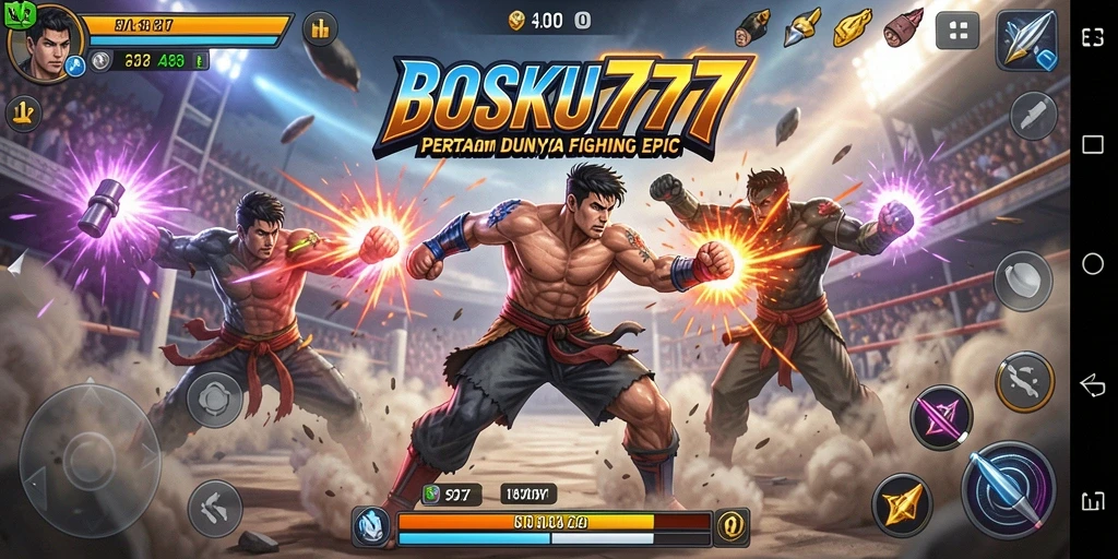 Screenshot utama BOSKU777 menampilkan aksi pertarungan yang intens dan karakter yang dinamis.