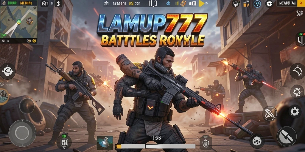 Screenshot LAMPU777 menampilkan aksi bertarung intens dalam map Battle Royale.