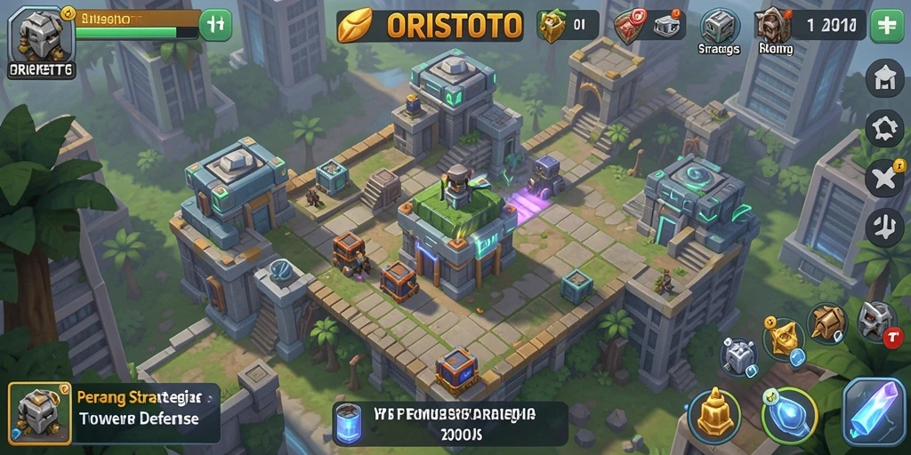 Tangkapan layar gameplay ORISTOTO menunjukkan pertahanan menara yang strategis.