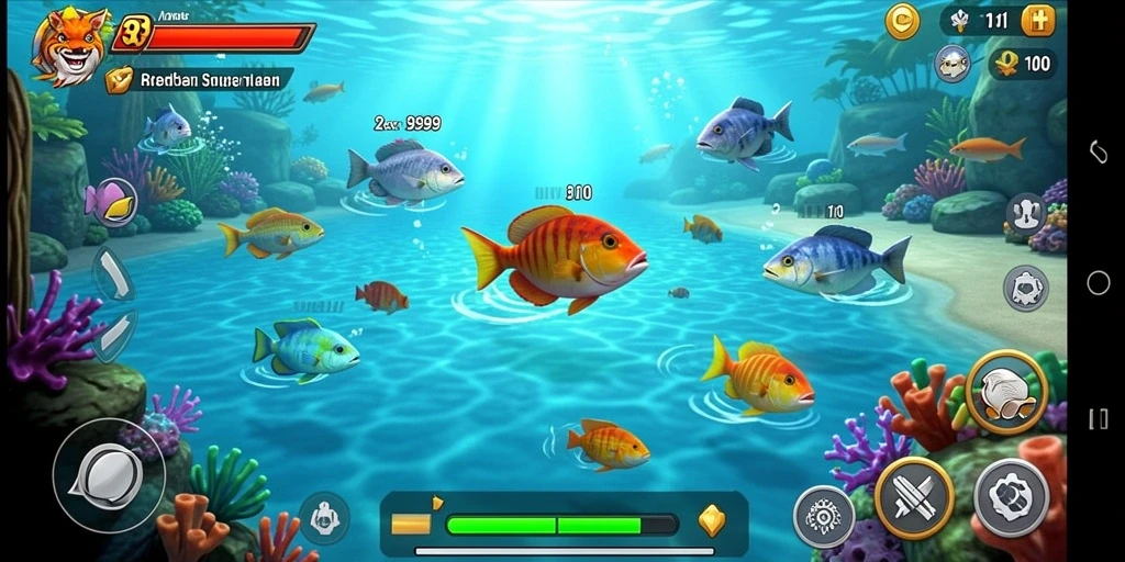 Screenshot utama RR999 menampilkan aksi seru dalam menembak ikan.