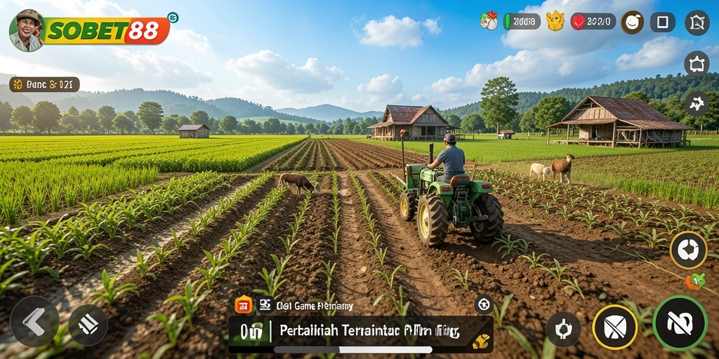 Tampilan gameplay SOBET88 dengan aktivitas pertanian yang asyik.