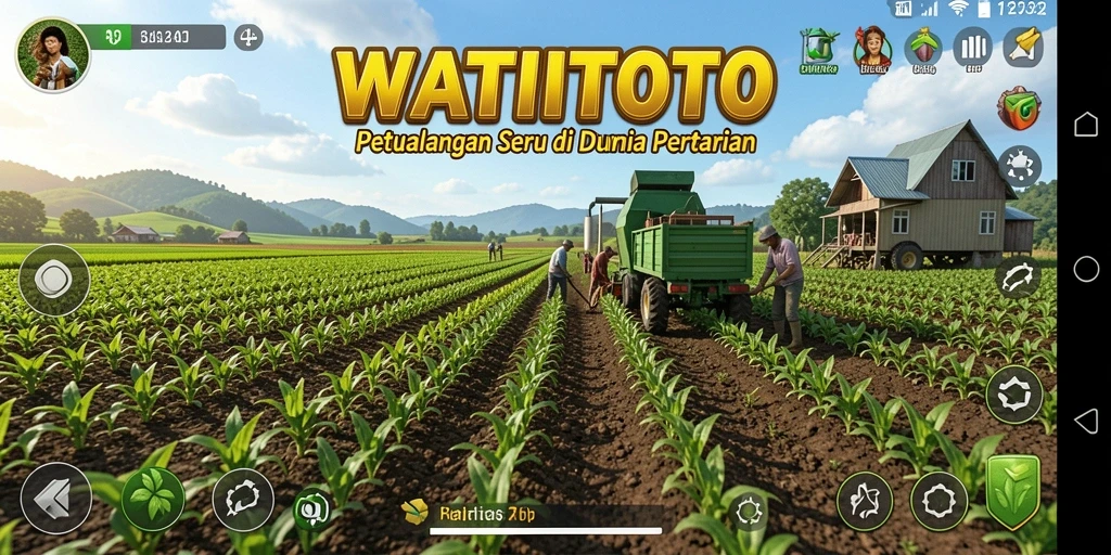 Tangkapan layar permainan WATITOTO menunjukkan lahan pertanian yang indah dan interaksi hewan.